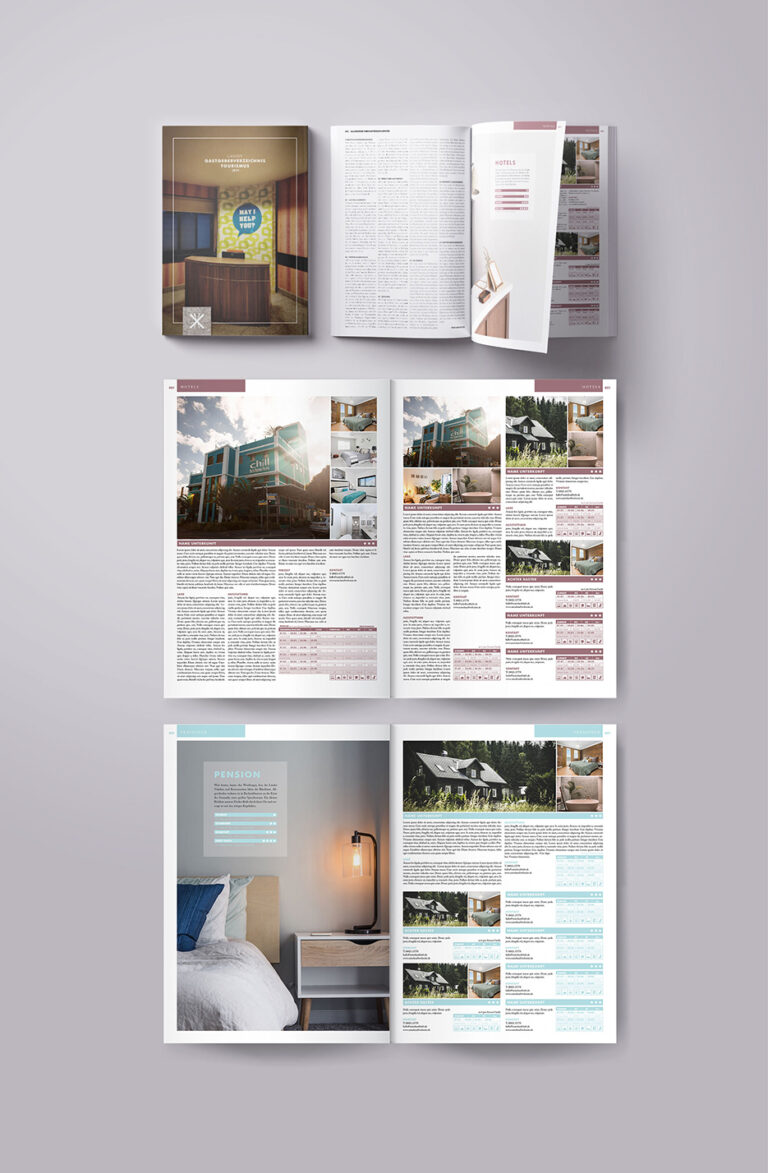 Portfolio Grafikdesign - Editorial-Design, Gastgeberverzeichnis, Reisekatalog, Raster, Musterseiten